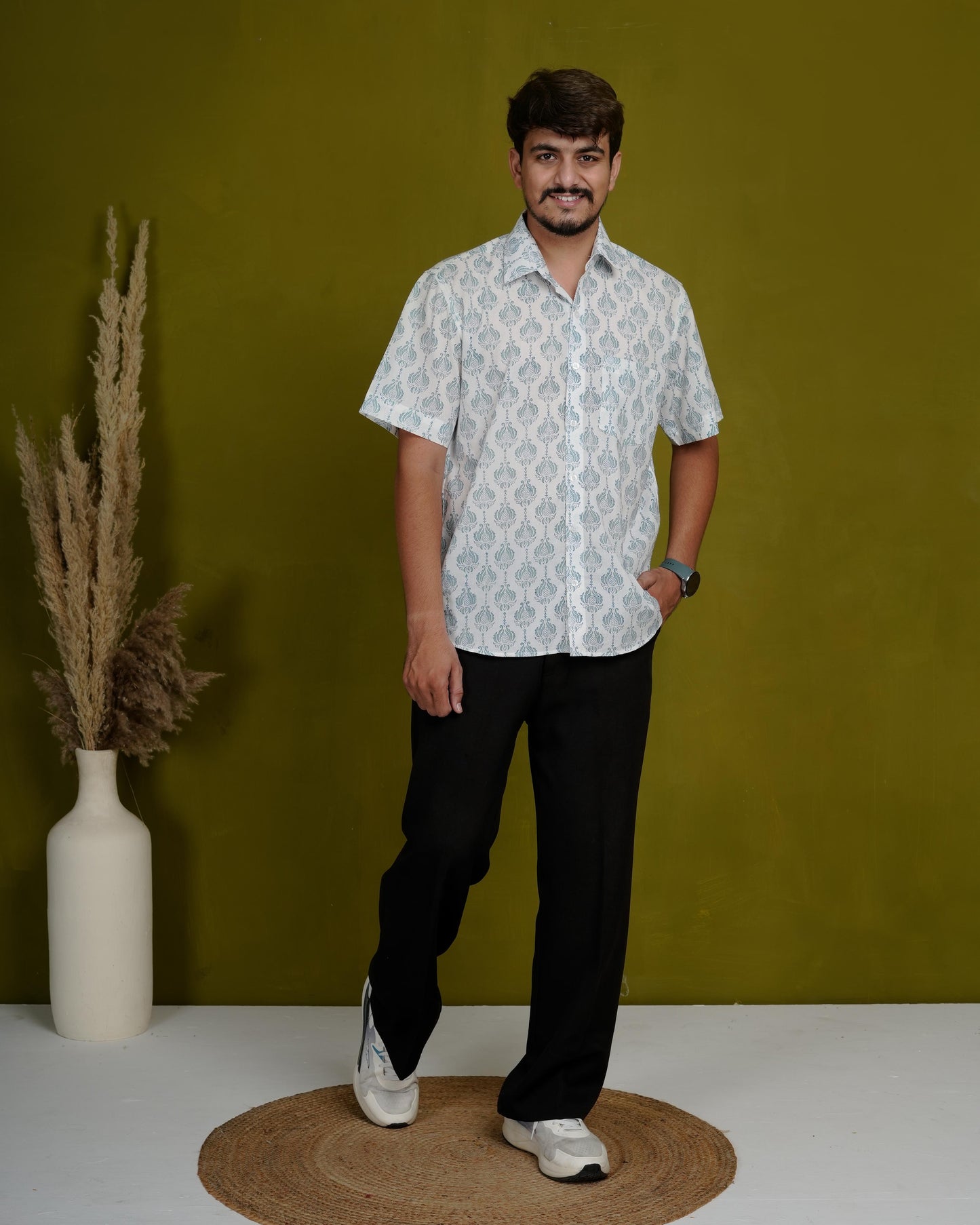 True Blue Men’s Handblock Half Sleeve Shirt - Woven with Purpose, Worn with Pride