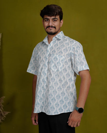 True Blue Men’s Handblock Half Sleeve Shirt - Woven with Purpose, Worn with Pride