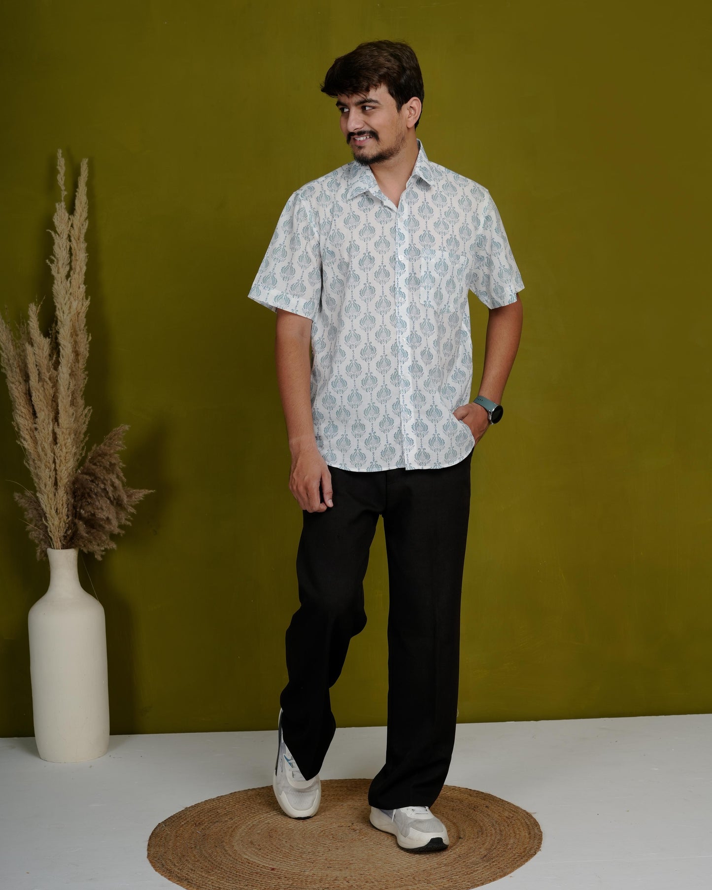 True Blue Men’s Handblock Half Sleeve Shirt - Woven with Purpose, Worn with Pride