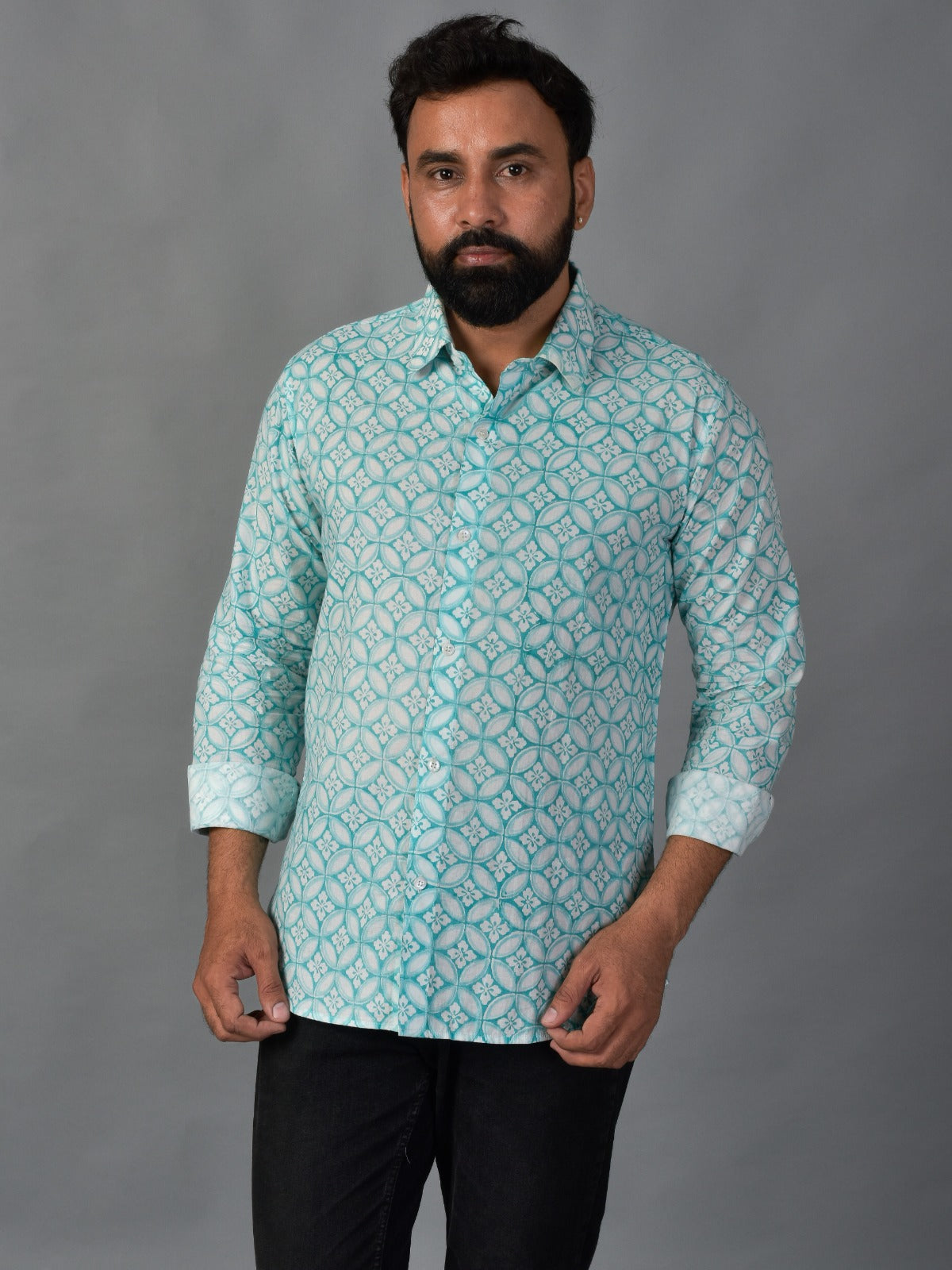 Grateful Green Men’s Handblock Full Sleeve Shirt - Woven with Purpose, Worn with Pride