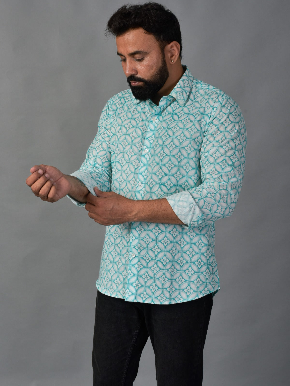 Grateful Green Men’s Handblock Full Sleeve Shirt - Woven with Purpose, Worn with Pride