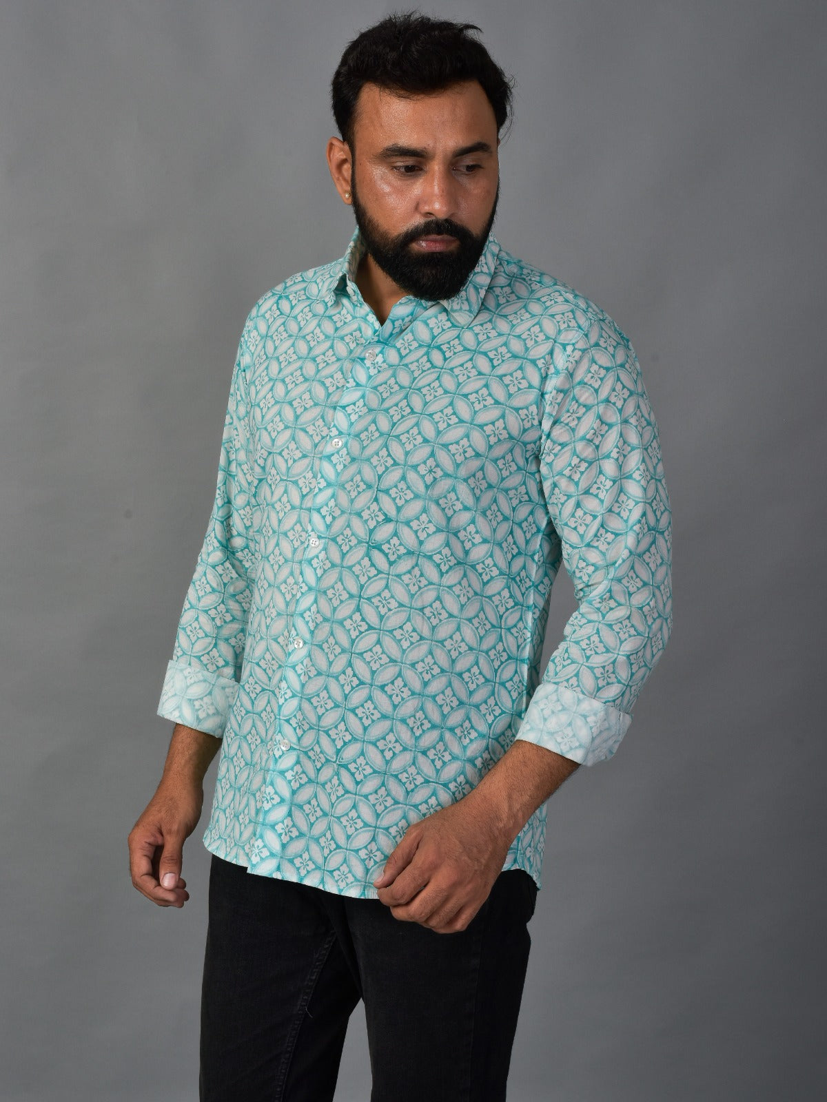 Grateful Green Men’s Handblock Full Sleeve Shirt - Woven with Purpose, Worn with Pride