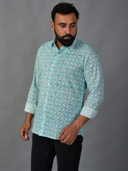 Grateful Green Men’s Handblock Full Sleeve Shirt - Woven with Purpose, Worn with Pride