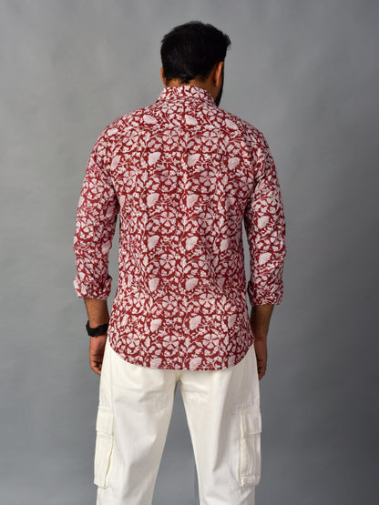 Earthy Red Men’s Handblock Full Sleeve Shirt - Woven with Purpose, Worn with Pride