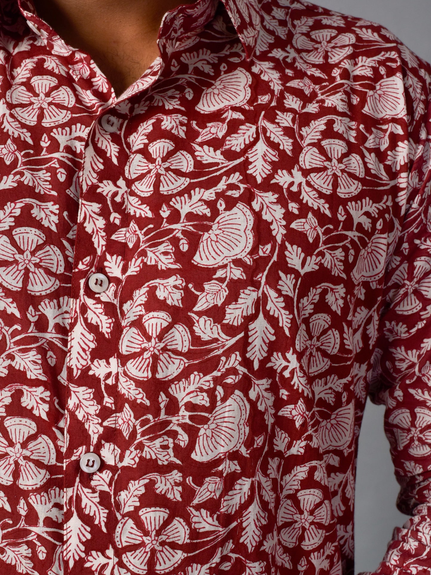 Earthy Red Men’s Handblock Full Sleeve Shirt - Woven with Purpose, Worn with Pride