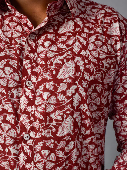 Earthy Red Men’s Handblock Full Sleeve Shirt - Woven with Purpose, Worn with Pride
