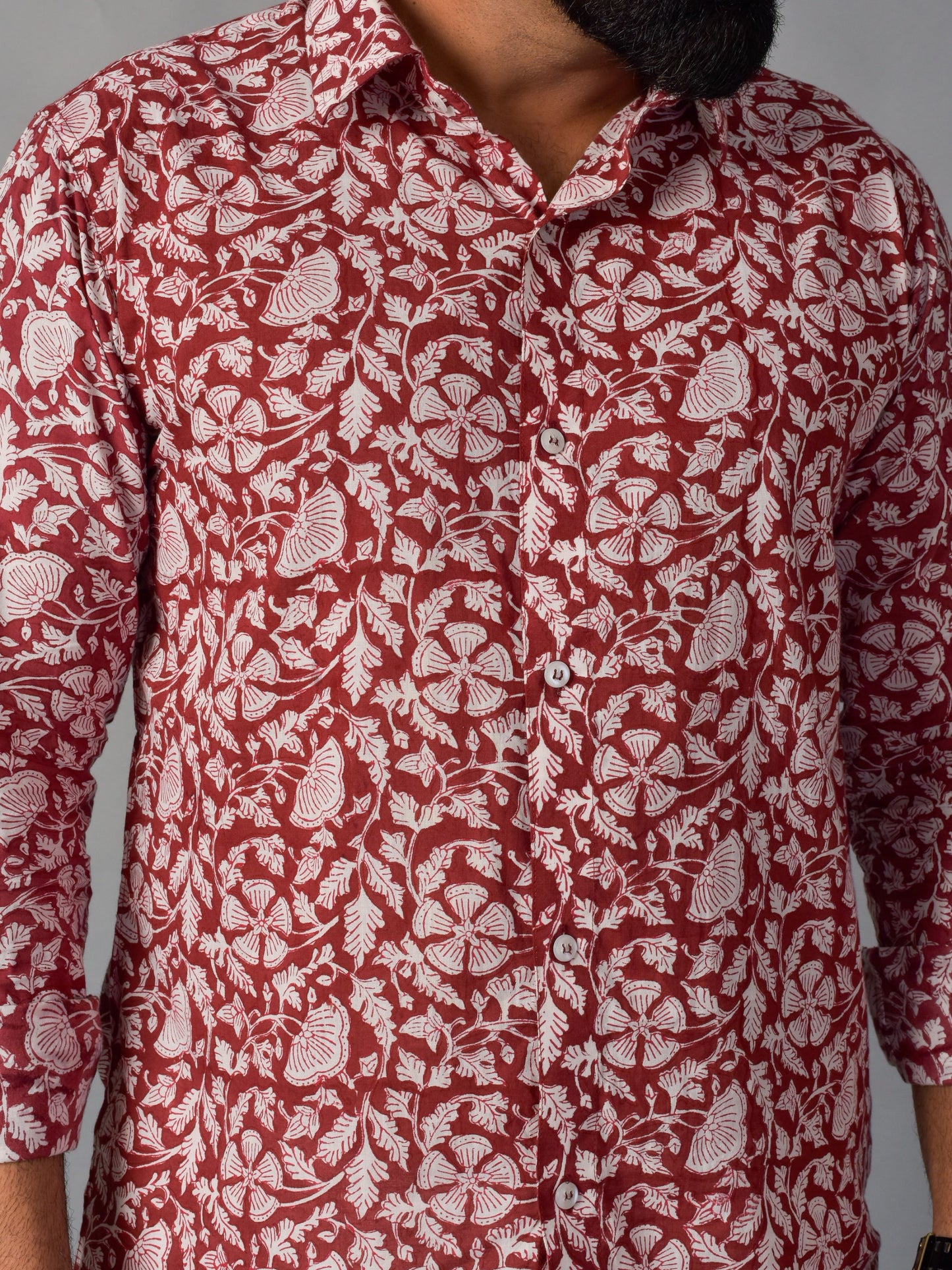 Earthy Red Men’s Handblock Full Sleeve Shirt - Woven with Purpose, Worn with Pride