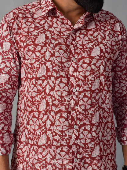 Earthy Red Men’s Handblock Full Sleeve Shirt - Woven with Purpose, Worn with Pride