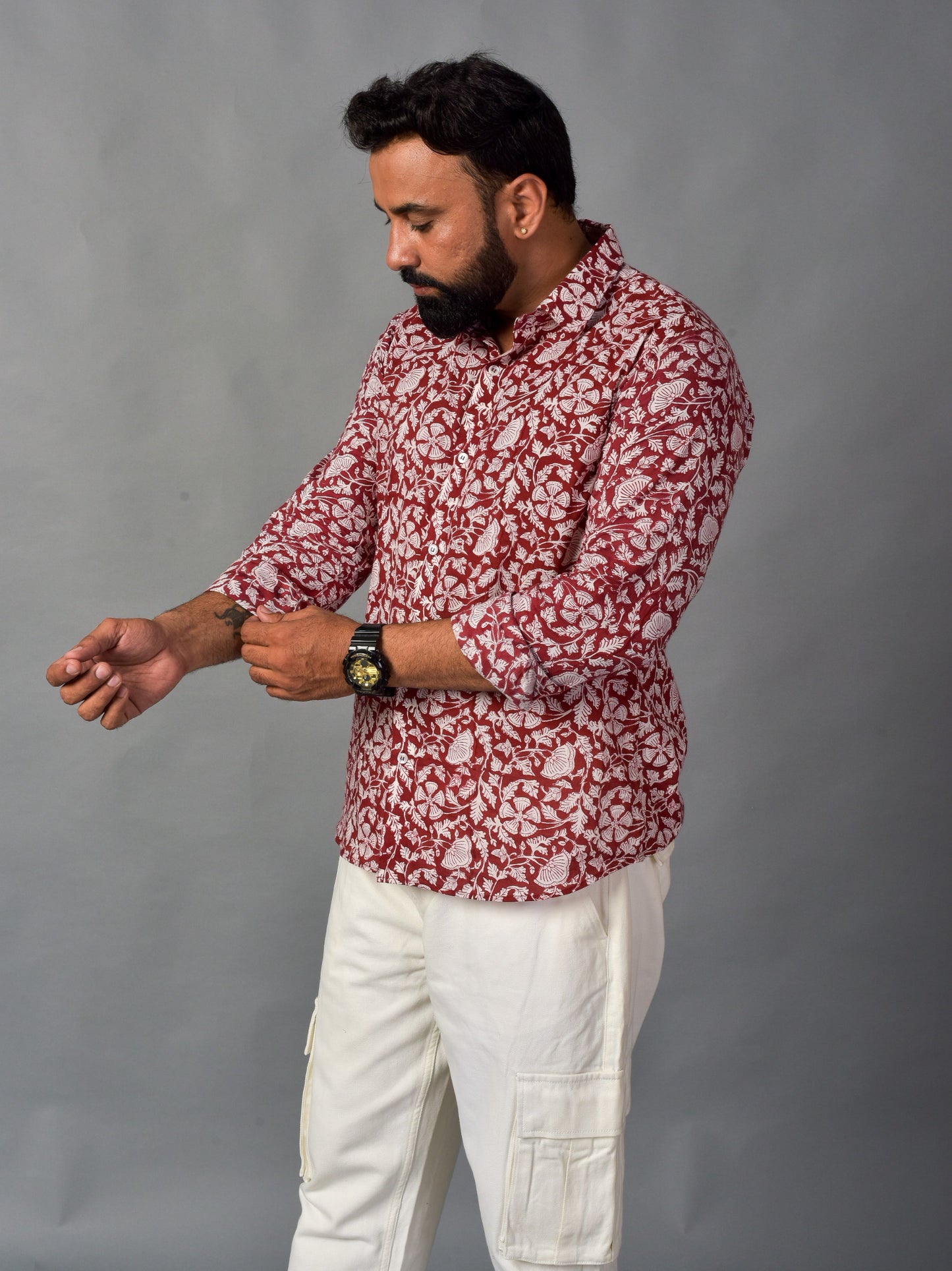 Earthy Red Men’s Handblock Full Sleeve Shirt - Woven with Purpose, Worn with Pride