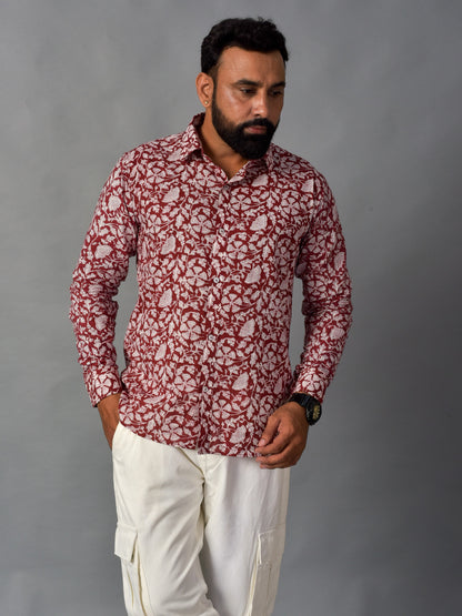 Earthy Red Men’s Handblock Full Sleeve Shirt - Woven with Purpose, Worn with Pride
