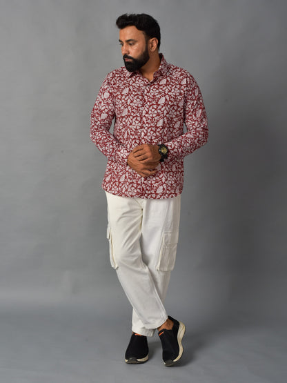Earthy Red Men’s Handblock Full Sleeve Shirt - Woven with Purpose, Worn with Pride