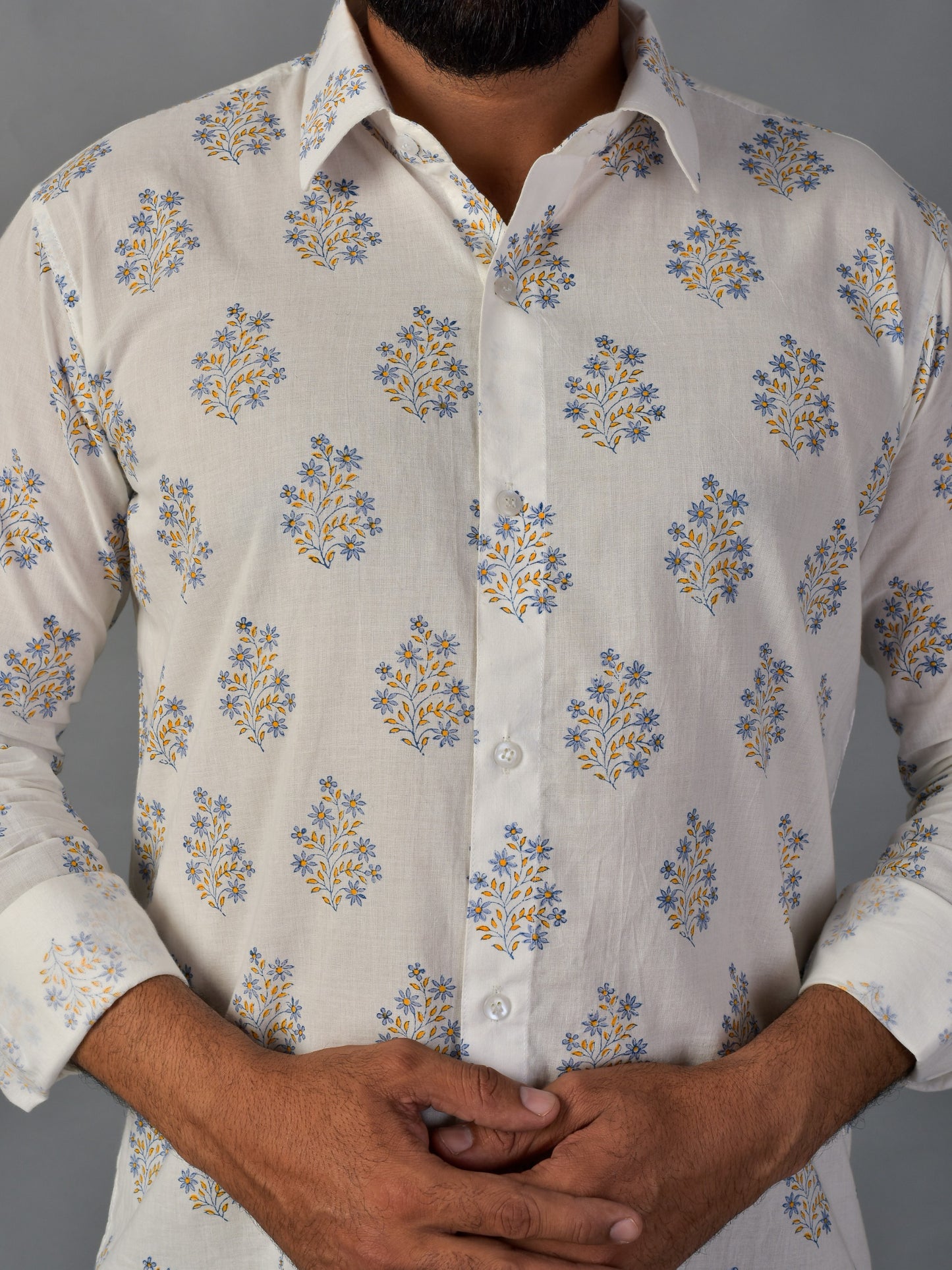 Blooming White Men’s Handblock Full Sleeve Shirt - Woven with Purpose, Worn with Pride