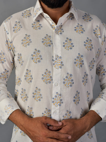 Blooming White Men’s Handblock Full Sleeve Shirt - Woven with Purpose, Worn with Pride