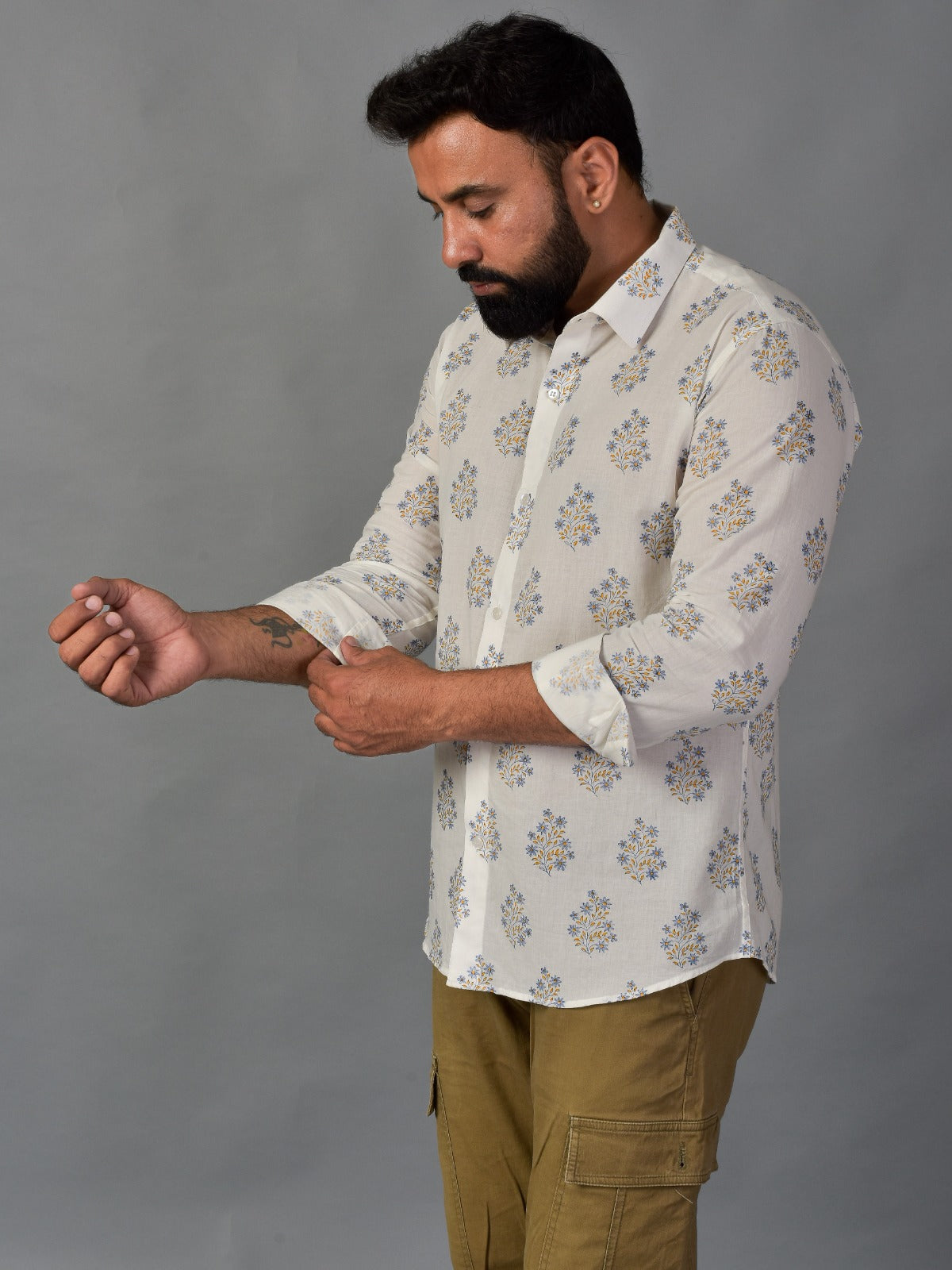 Blooming White Men’s Handblock Full Sleeve Shirt - Woven with Purpose, Worn with Pride