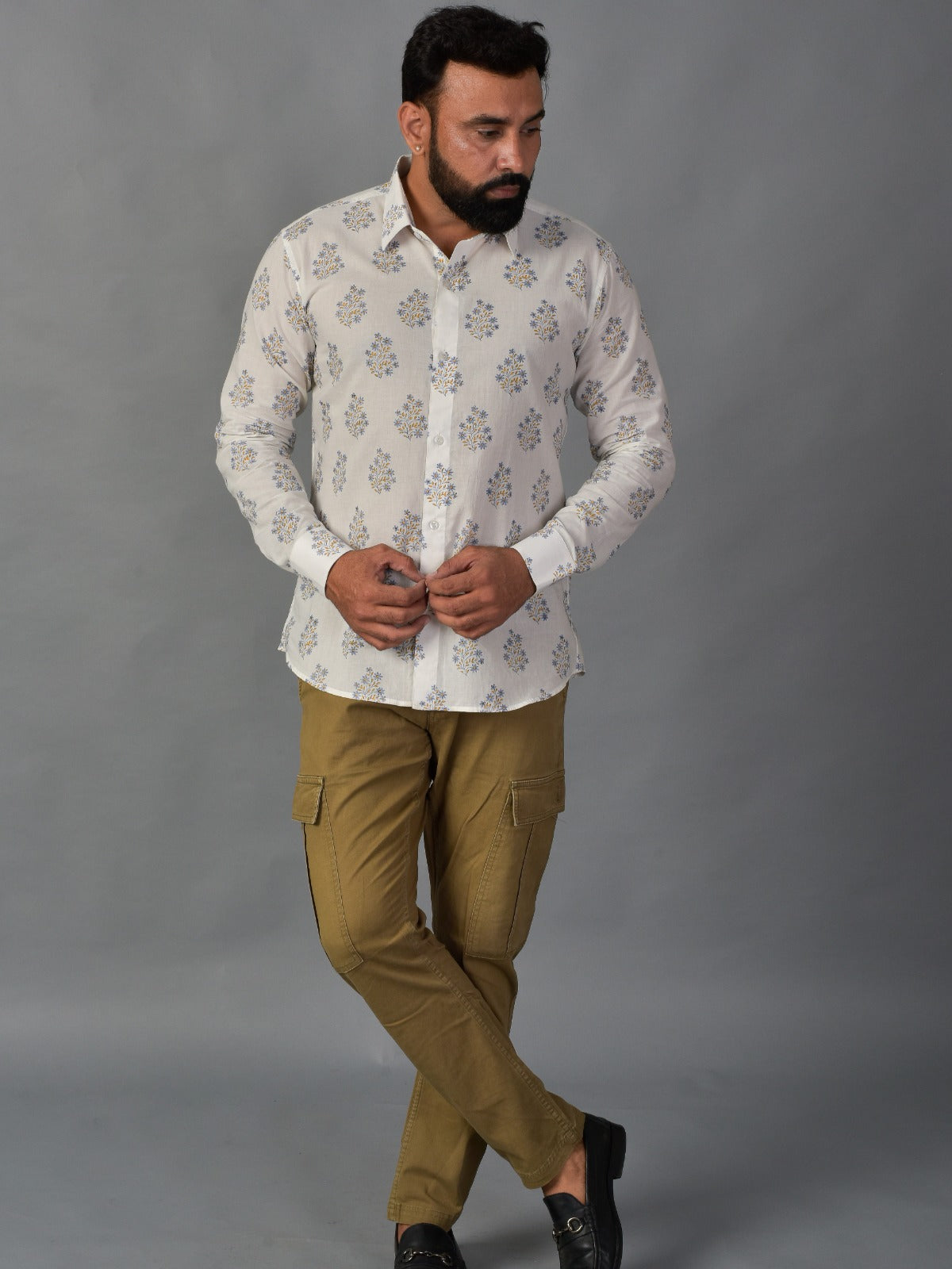 Blooming White Men’s Handblock Full Sleeve Shirt - Woven with Purpose, Worn with Pride