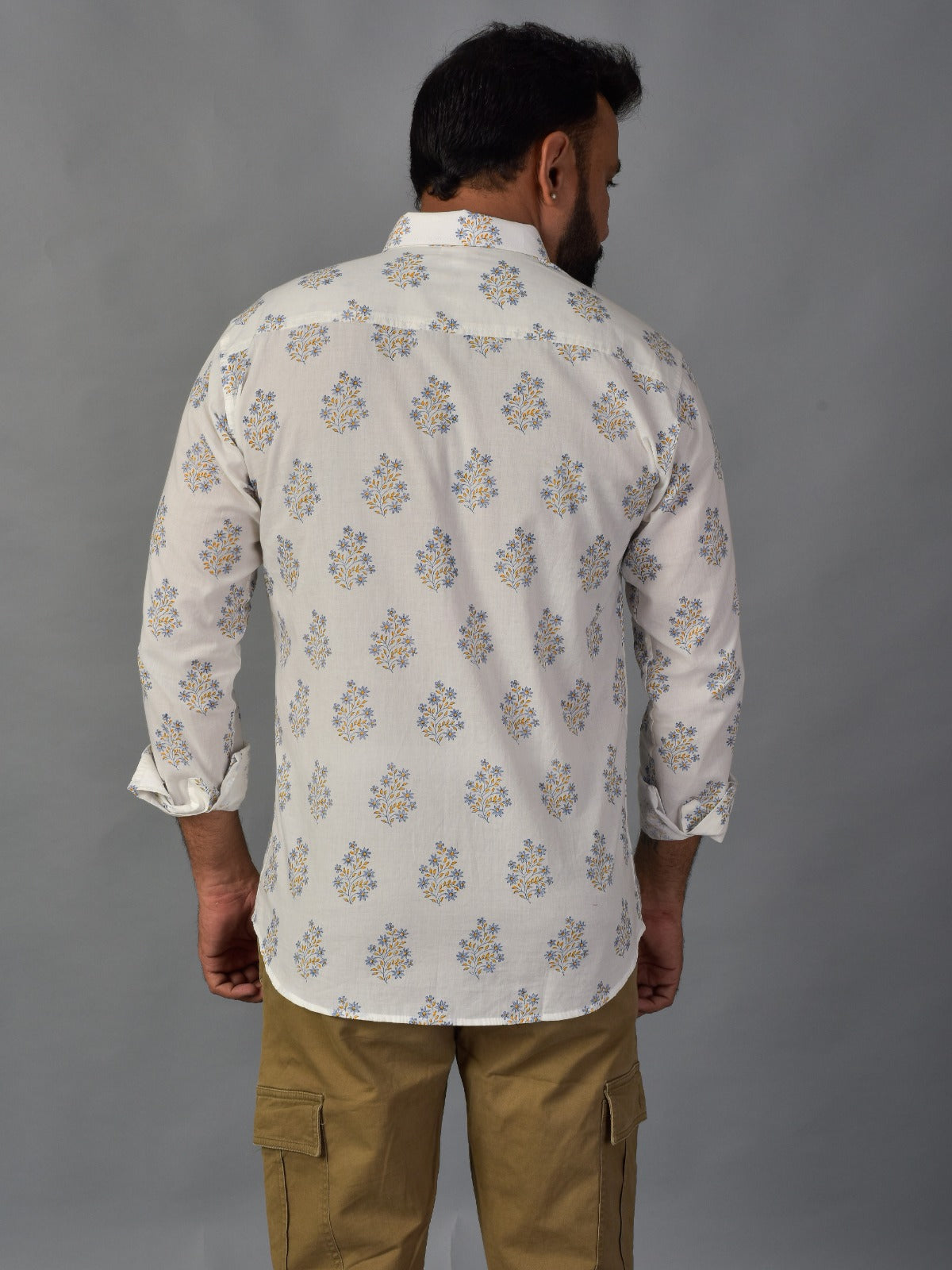 Blooming White Men’s Handblock Full Sleeve Shirt - Woven with Purpose, Worn with Pride