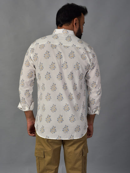 Blooming White Men’s Handblock Full Sleeve Shirt - Woven with Purpose, Worn with Pride