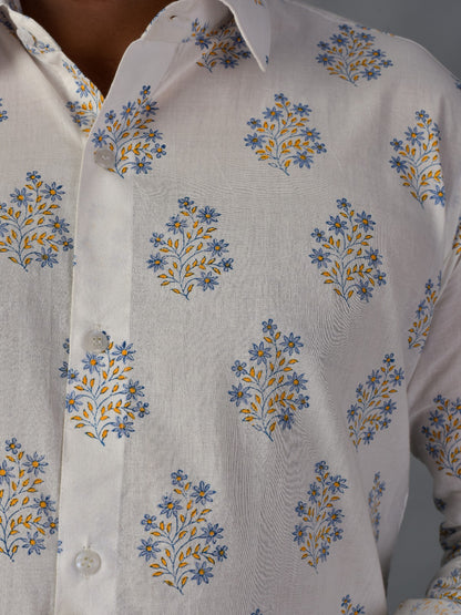 Blooming White Men’s Handblock Full Sleeve Shirt - Woven with Purpose, Worn with Pride