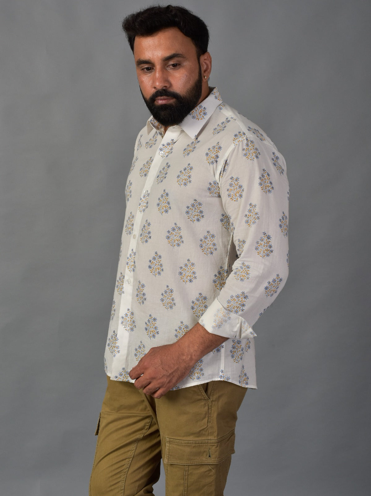 Blooming White Men’s Handblock Full Sleeve Shirt - Woven with Purpose, Worn with Pride