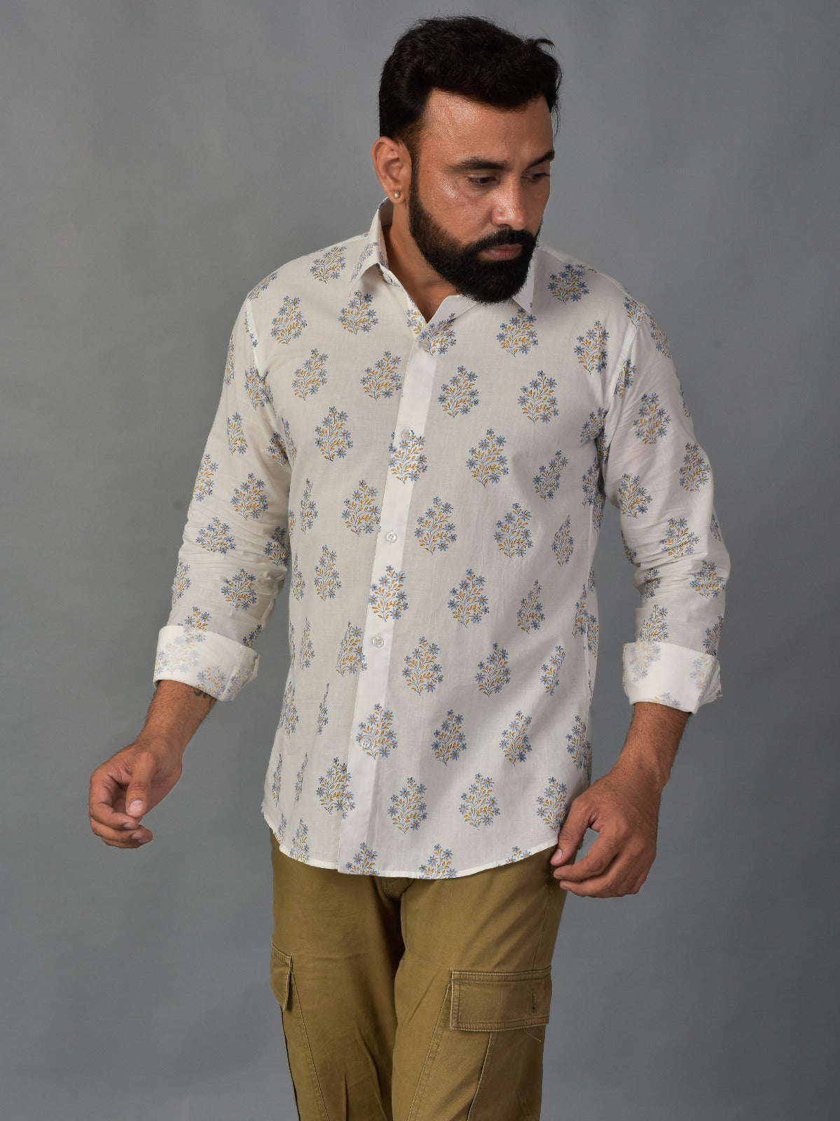 Blooming White Men’s Handblock Full Sleeve Shirt - Woven with Purpose, Worn with Pride