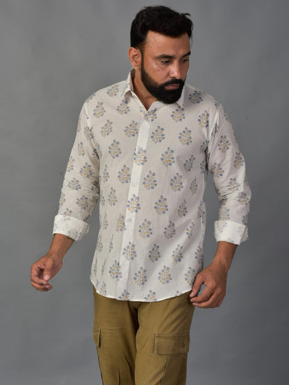 Blooming White Men’s Handblock Full Sleeve Shirt - Woven with Purpose, Worn with Pride