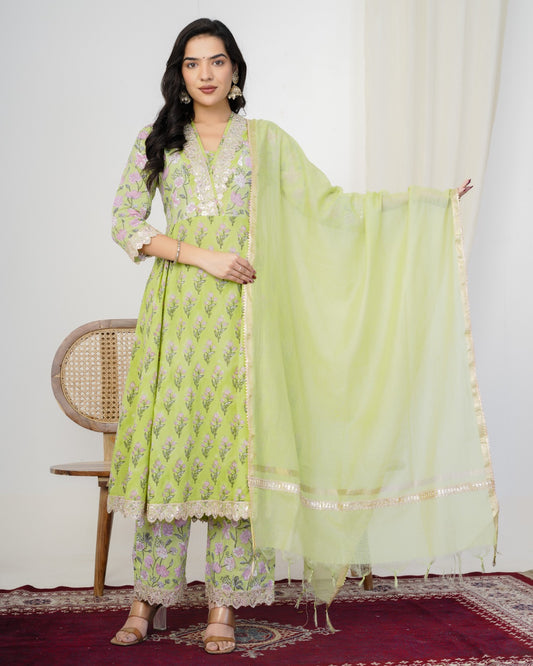 Sage Green Anarkali Three Piece Suit with Chanderi Dupatta