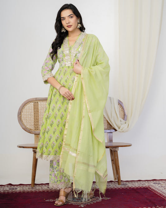 Sage Green Anarkali Three Piece Suit with Chanderi Dupatta