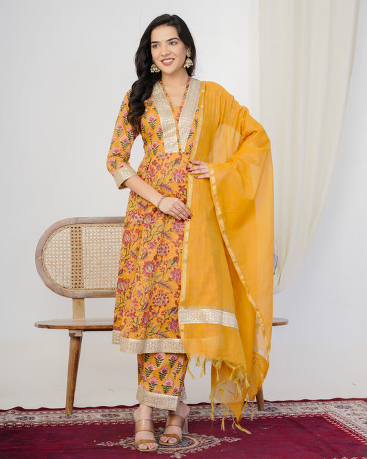 Earthy Yellow Anarkali Three Piece Suit with Chanderi Dupatta