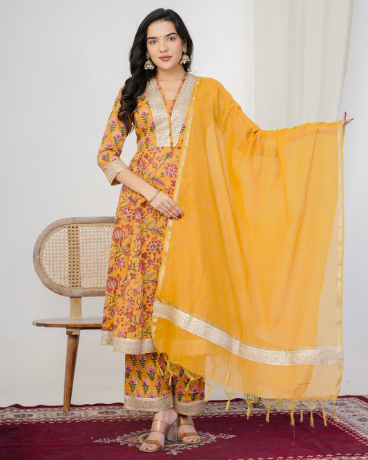 Earthy Yellow Anarkali Three Piece Suit with Chanderi Dupatta