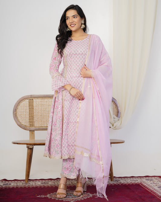 Loveable Pink Anarkali Three Piece Suit with Chanderi Dupatta