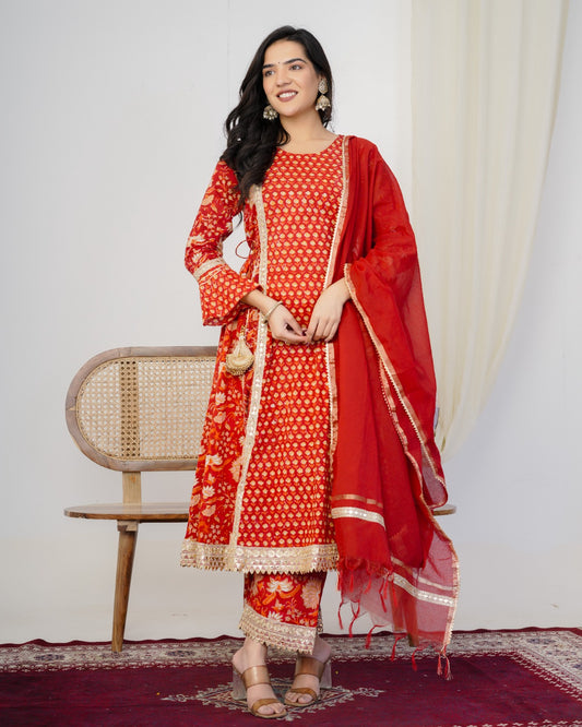 Radiant Red Anarkali Three Piece Suit with Chanderi Dupatta