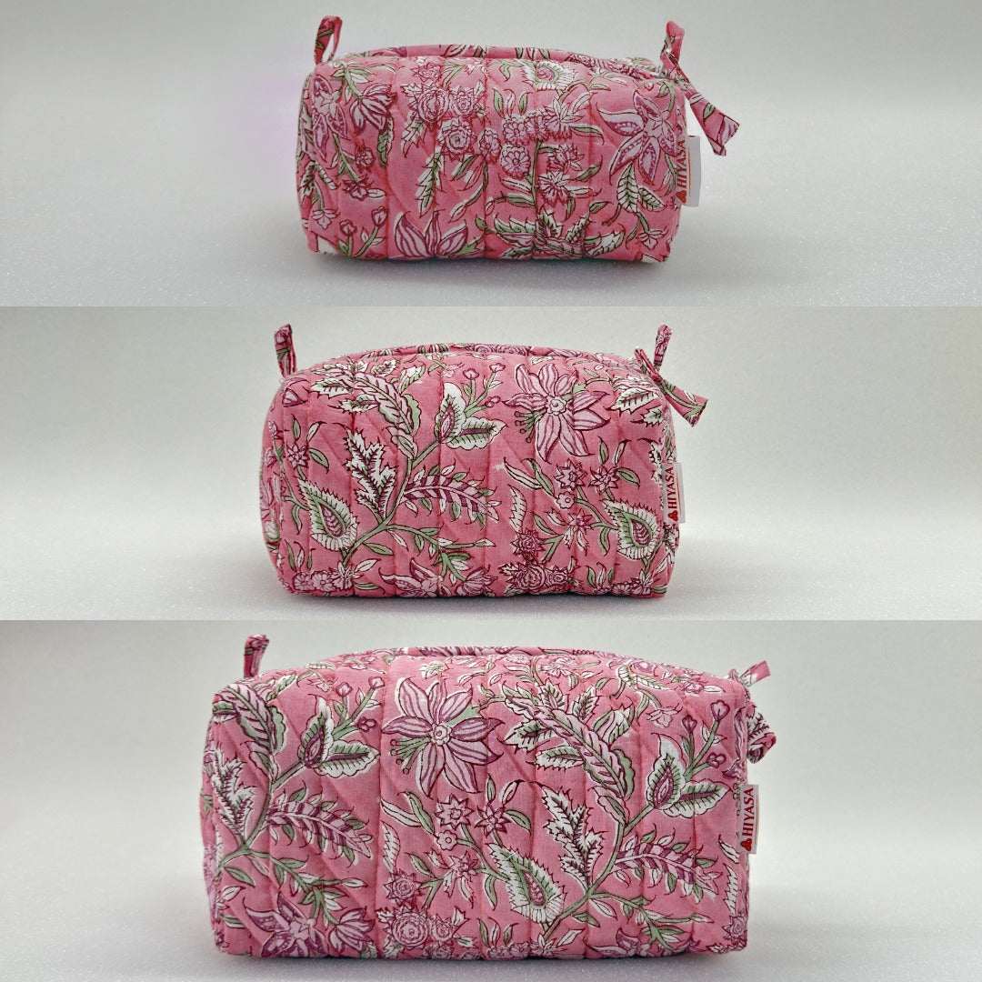 Blissful Pink - Set of 3 Handblock Printed Quilted Pouches | Crafted in Jaipur