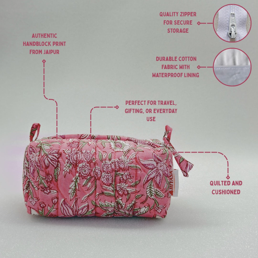 Blissful Pink - Set of 3 Handblock Printed Quilted Pouches | Crafted in Jaipur