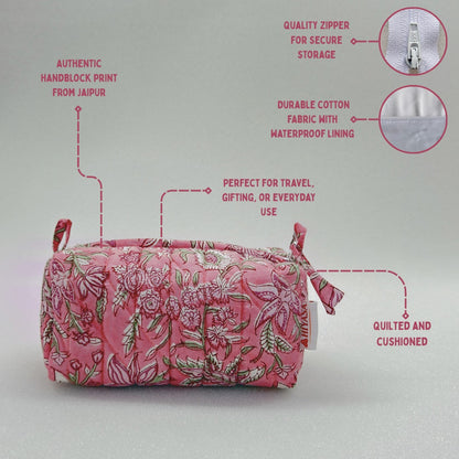 Blissful Pink - Set of 3 Handblock Printed Quilted Pouches | Crafted in Jaipur