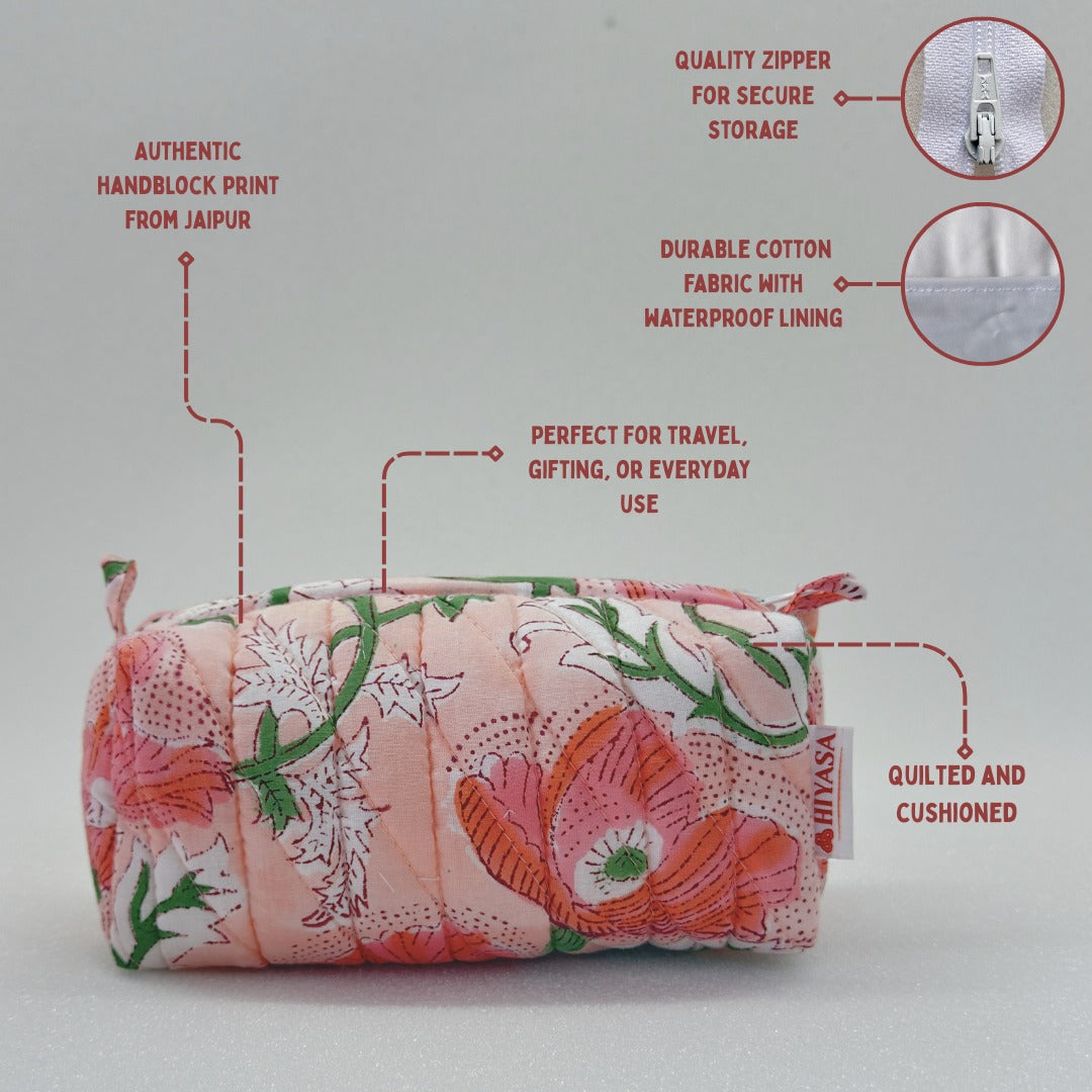 Peaceful Peach - Set of 3 Handblock Printed Quilted Pouches | Crafted in Jaipur
