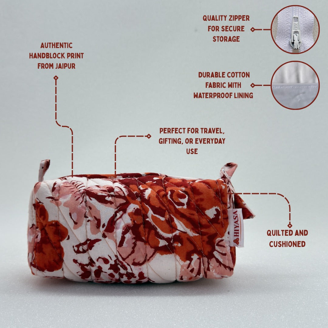 Gulzaar Rose - Set of 3 Handblock Printed Quilted Pouches | Crafted in Jaipur