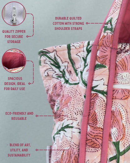 Peaceful Peach Quilted Tote Bag | Made in Jaipur