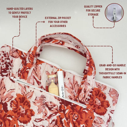 Gulzaar Rose Laptop Companion - Hand quilted, Handcrafted