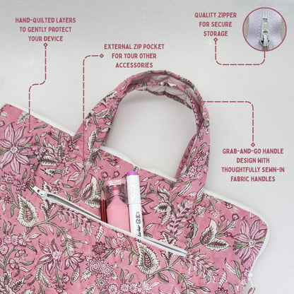 Blissful Pink Laptop Companion - Hand quilted, Handcrafted