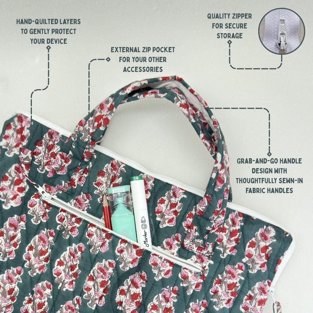 Graceful Emerald Laptop Companion - Hand quilted, Handcrafted