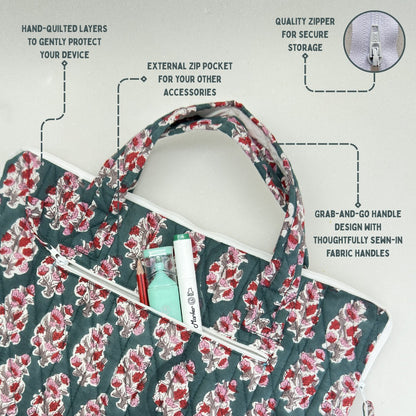 Graceful Emerald Laptop Companion - Hand quilted, Handcrafted