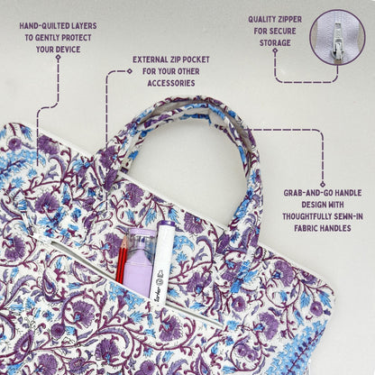 Tranquil Violet Laptop Companion - Hand quilted, Handcrafted