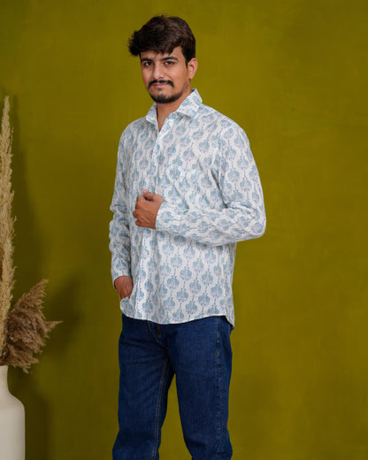 True Blue Men’s Handblock Full Sleeve Shirt - Woven with Purpose, Worn with Pride