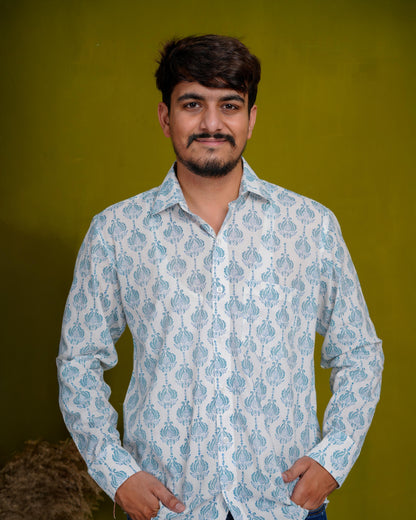 True Blue Men’s Handblock Full Sleeve Shirt - Woven with Purpose, Worn with Pride