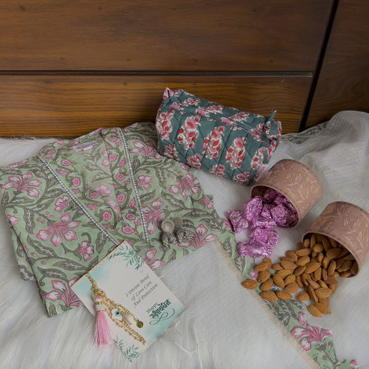 Bloom Green Three Piece Dress Hiyasa Rakhi Hamper - For Sisters