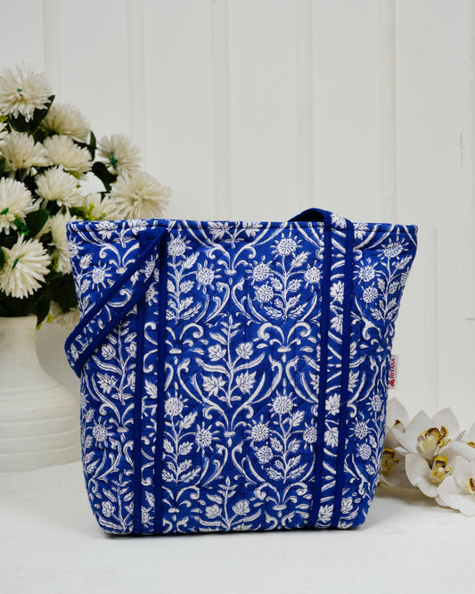 Royal Blue Quilted Tote Bag | Made in Jaipur