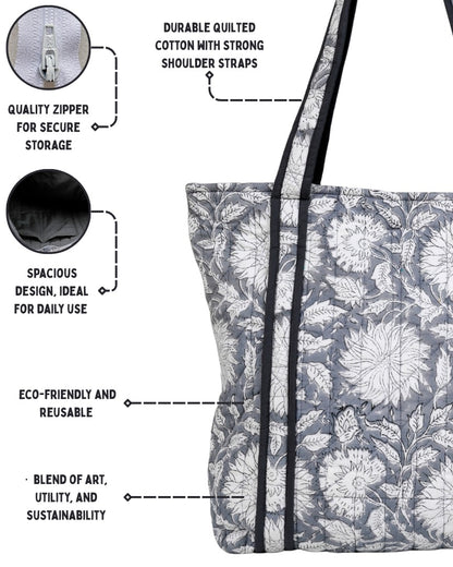 Elegant Grey Quilted Tote Bag | Made in Jaipur