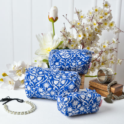 Royal Blue - Set of 3 Handblock Printed Quilted Pouches | Crafted in Jaipur