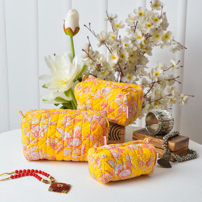 Radiant Yellow - Set of 3 Handblock Printed Quilted Pouches | Crafted in Jaipur