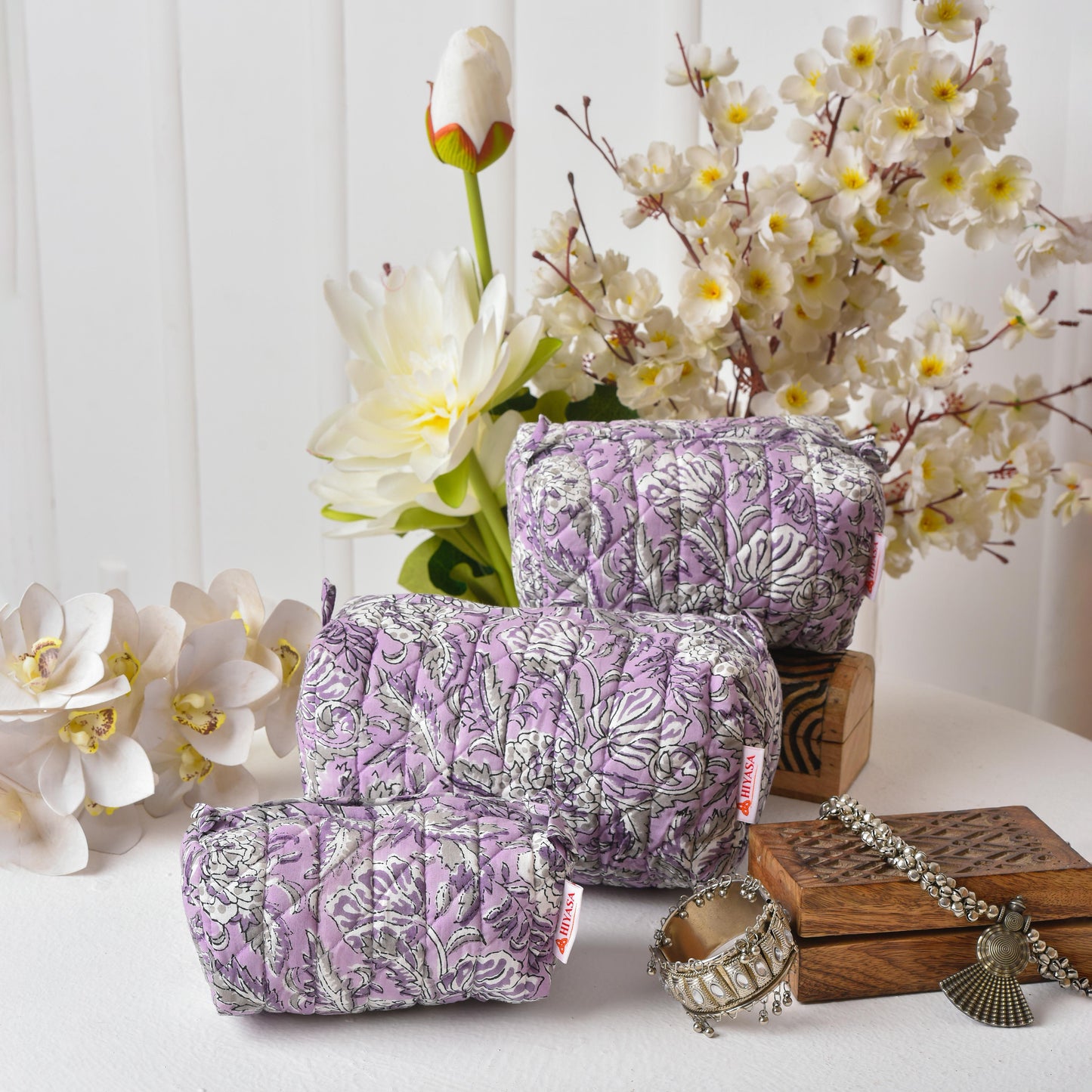 Lilac Joy - Set of 3 Handblock Printed Quilted Pouches | Crafted in Jaipur